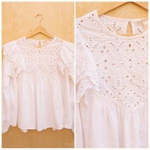 HM White Eyelet Lace Ruffle Puff Sleeve Cutout Cotton Top Blouse Shirt S/M